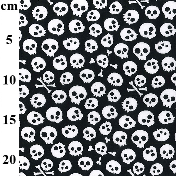 Halloween Polycotton - White Skulls on Black